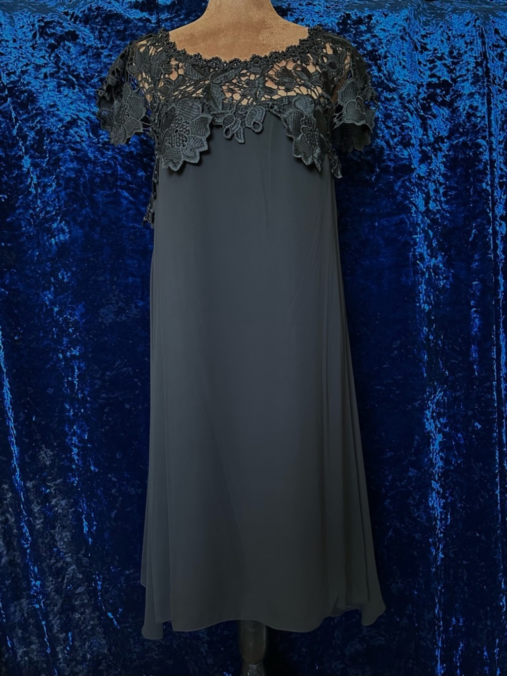 SLNY Black Dress with Floral Lace Yoke